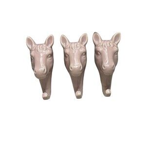 Set Of Three Horse Head Pink Wall Hooks
